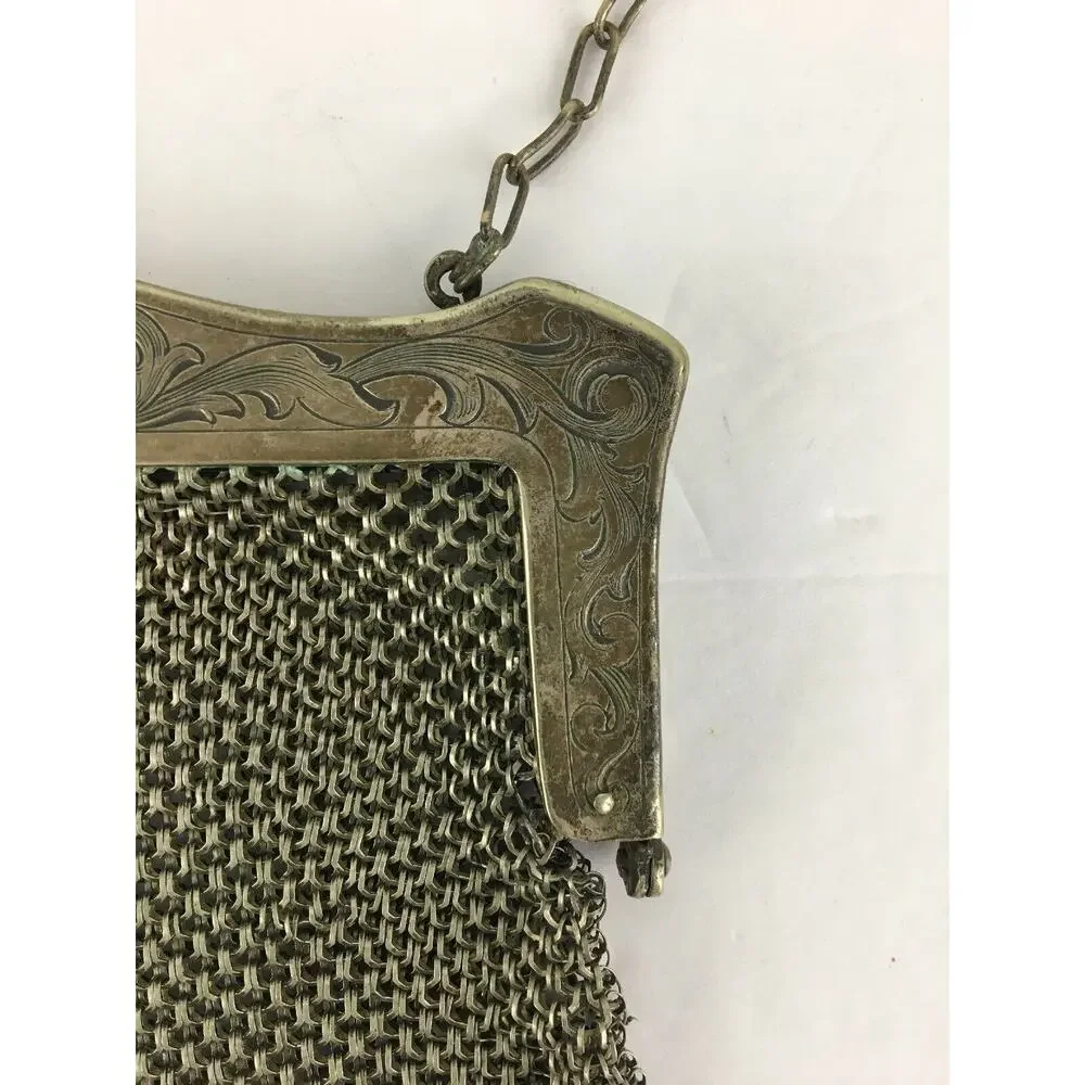 Antique Signed‎ German Silver Mesh Purse Bag Ornate Frame Dangles NB Co Flapper